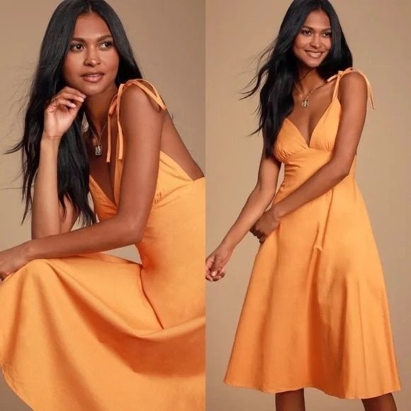 Lulus Dresses & Skirts - NWOT Lulu's Orange Linen Open Back Midi Sun Dress Flirty Sundress - Large